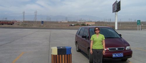 At the rest stop, looking north to the Tian Shan mountain range